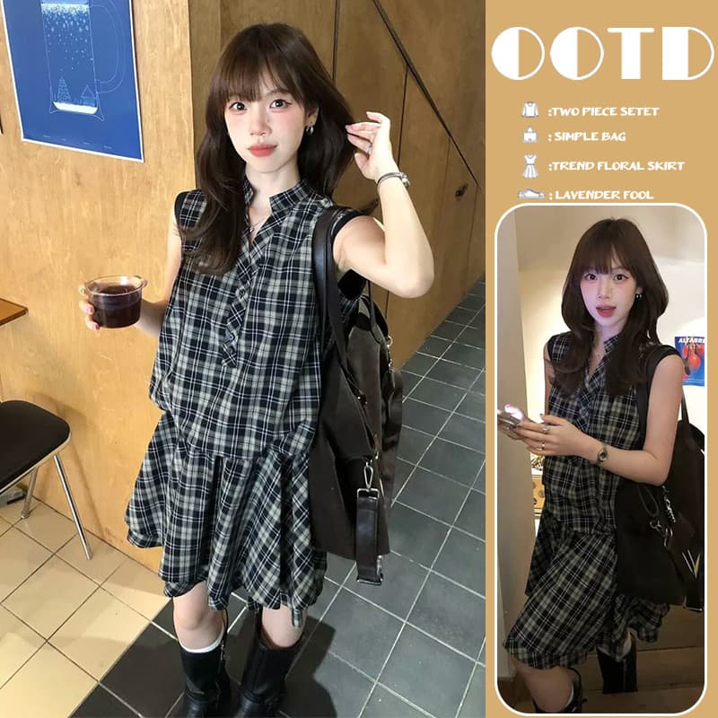신제품 지금 여름 레트로 체크무늬 V넥 패치워크 고급 센스 품격 슬림해 보이는 꽃밭 민소매 드레스