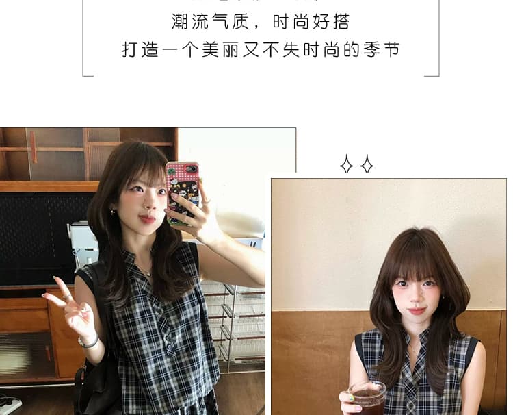 신제품 지금 여름 레트로 체크무늬 V넥 패치워크 고급 센스 품격 슬림해 보이는 꽃밭 민소매 드레스 상세 이미지 3