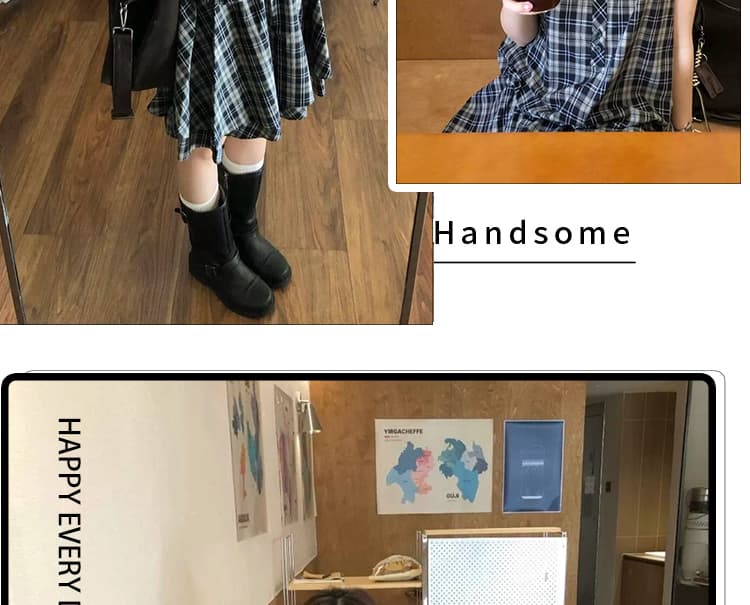 신제품 지금 여름 레트로 체크무늬 V넥 패치워크 고급 센스 품격 슬림해 보이는 꽃밭 민소매 드레스 상세 이미지 4
