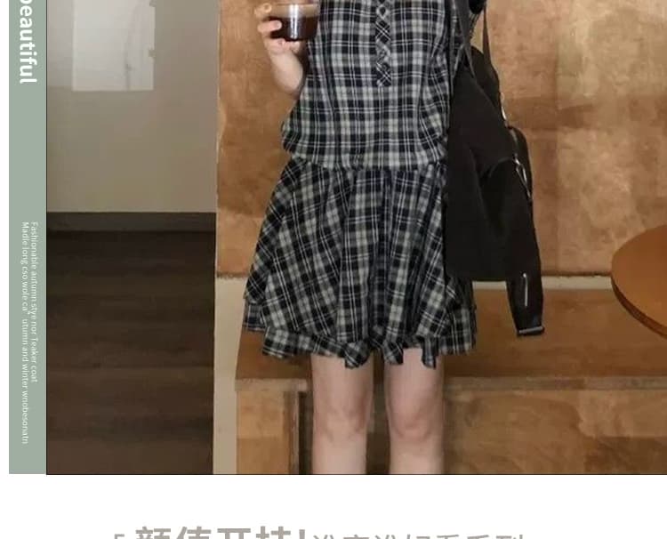 신제품 지금 여름 레트로 체크무늬 V넥 패치워크 고급 센스 품격 슬림해 보이는 꽃밭 민소매 드레스 상세 이미지 7