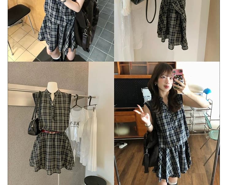 신제품 지금 여름 레트로 체크무늬 V넥 패치워크 고급 센스 품격 슬림해 보이는 꽃밭 민소매 드레스 상세 이미지 9