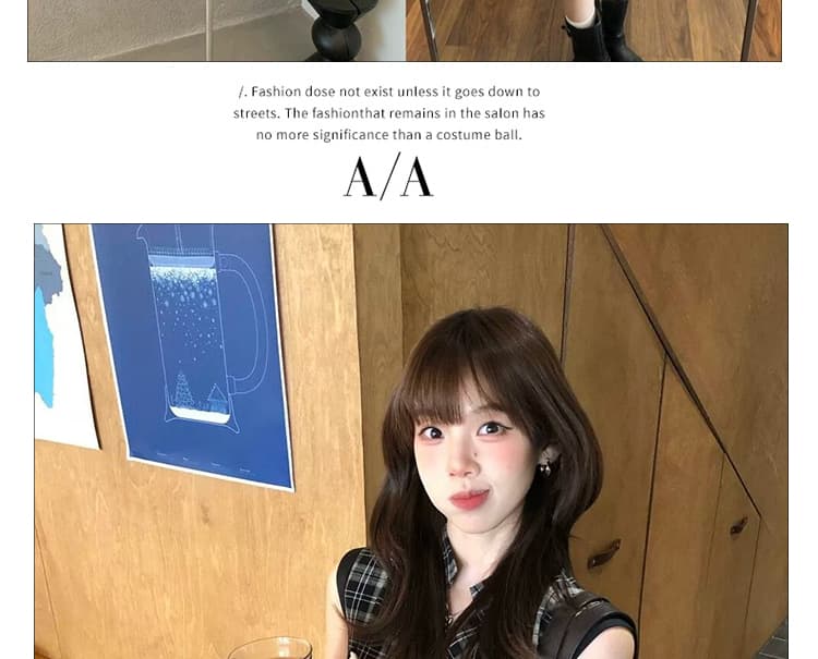 신제품 지금 여름 레트로 체크무늬 V넥 패치워크 고급 센스 품격 슬림해 보이는 꽃밭 민소매 드레스 상세 이미지 10