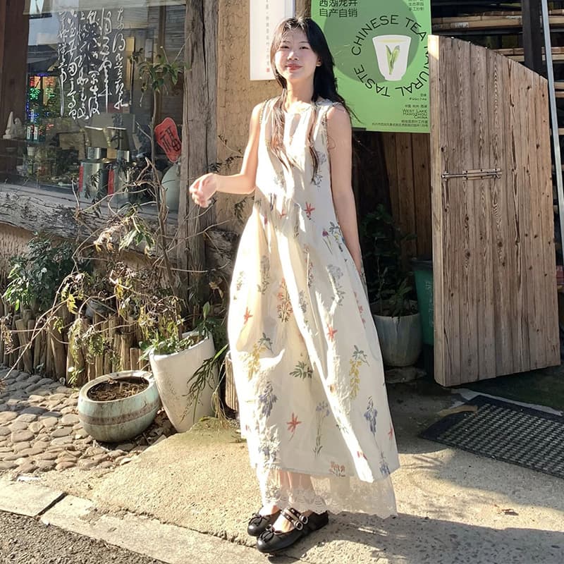 신제품 지금 여름 루즈핏 다용도 연령 감소 휴가 바람 식물 꽃무늬 프린트 라운드 넥 조끼 원피스 이미지 5