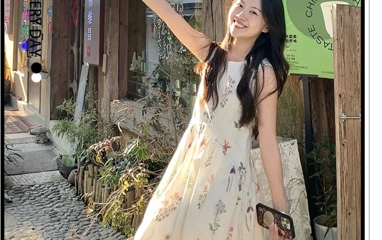 신제품 지금 여름 루즈핏 다용도 연령 감소 휴가 바람 식물 꽃무늬 프린트 라운드 넥 조끼 원피스 상세 이미지 6
