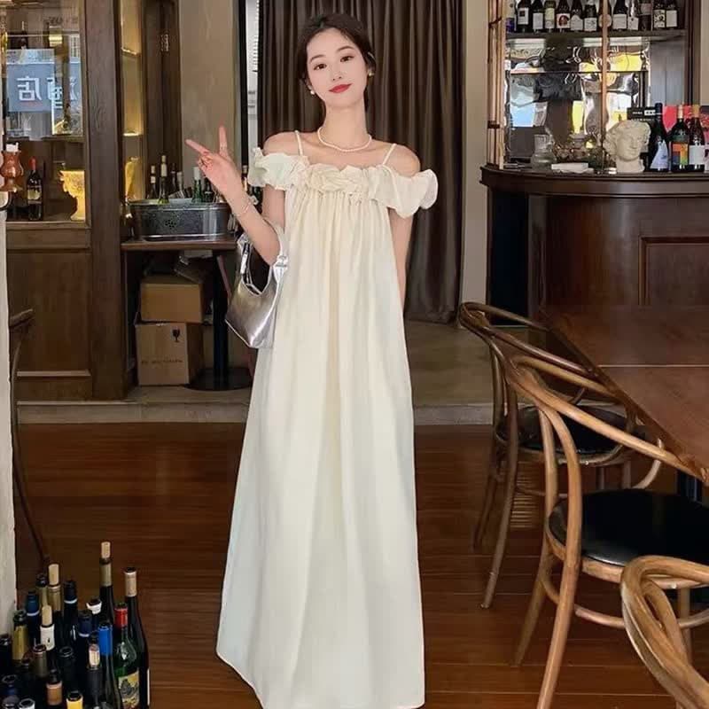 신제품 지금 여름 새로운 둘 착용 수 있습니다. 조정 오프숄더 프릴 쉬폰 섹션 패션 슬립 드레스 이미지 4
