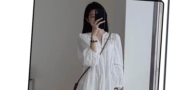 신제품 지금 프랑스식 봄 가을 새로운 V넥 레이스 홀로우 아웃 디자인 센스 인기 거품 소매 루즈핏 드레스 상세 이미지 4
