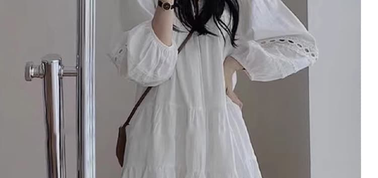 신제품 지금 프랑스식 봄 가을 새로운 V넥 레이스 홀로우 아웃 디자인 센스 인기 거품 소매 루즈핏 드레스 상세 이미지 10