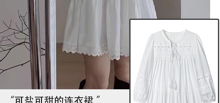 신제품 지금 프랑스식 봄 가을 새로운 V넥 레이스 홀로우 아웃 디자인 센스 인기 거품 소매 루즈핏 드레스 상세 이미지 11