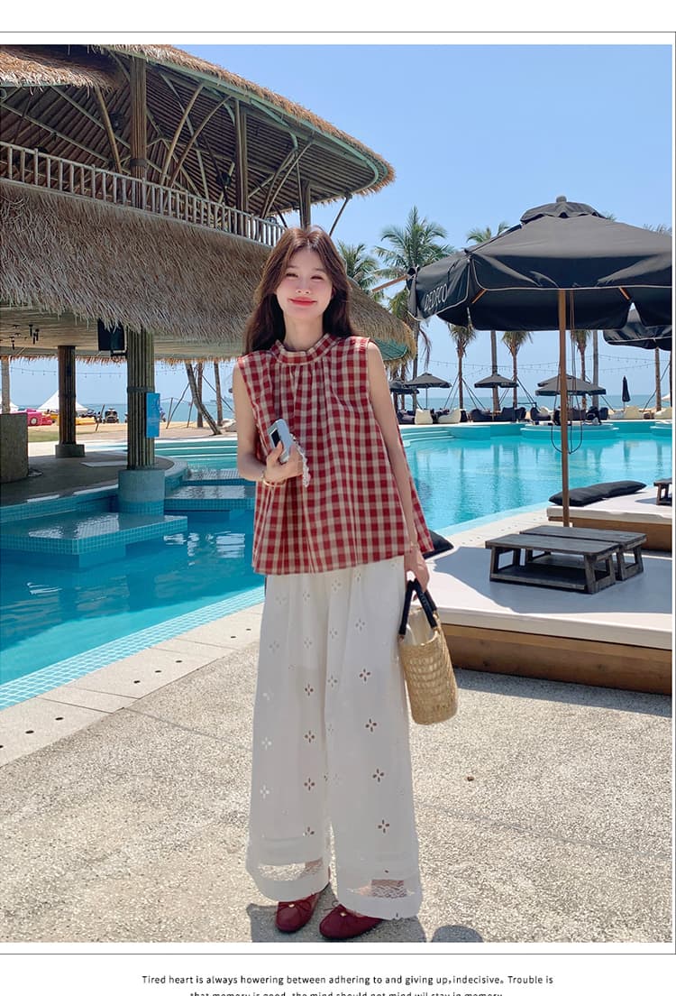 신제품 지금 여름 한 부서 달콤함 빨간색 그리드 민소매 셔츠 홀로우 아웃 자수 와이드 레그 팬츠 임산부 투피스 세트 상세 이미지 10