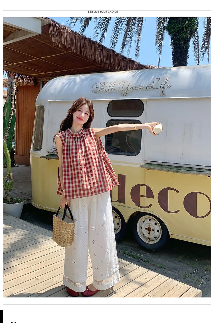 신제품 지금 여름 한 부서 달콤함 빨간색 그리드 민소매 셔츠 홀로우 아웃 자수 와이드 레그 팬츠 임산부 투피스 세트 상세 이미지 13