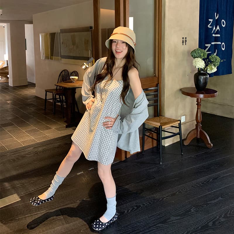 신제품 지금 여름 새로운 얇은 스타일 느긋한 거친 가장자리 오픈 가디건 외부 가져 가라. 블라우스 체크무늬 슬립 드레스 투피스 세트 이미지 3