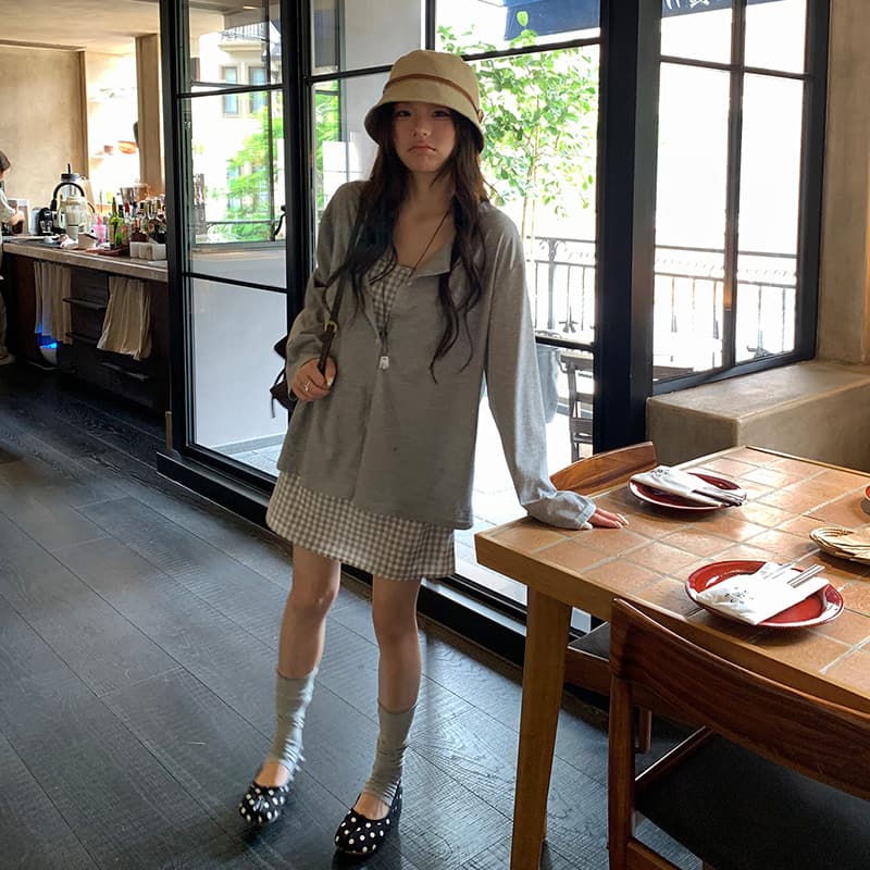 신제품 지금 여름 새로운 얇은 스타일 느긋한 거친 가장자리 오픈 가디건 외부 가져 가라. 블라우스 체크무늬 슬립 드레스 투피스 세트 이미지 4