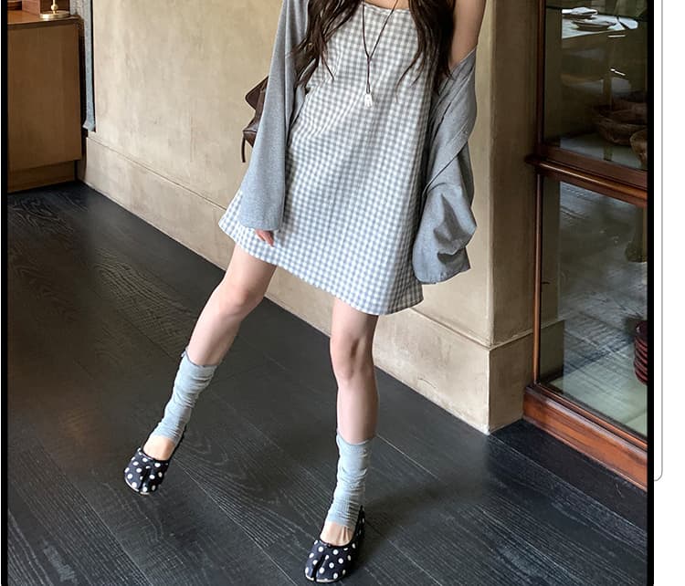 신제품 지금 여름 새로운 얇은 스타일 느긋한 거친 가장자리 오픈 가디건 외부 가져 가라. 블라우스 체크무늬 슬립 드레스 투피스 세트 상세 이미지 6