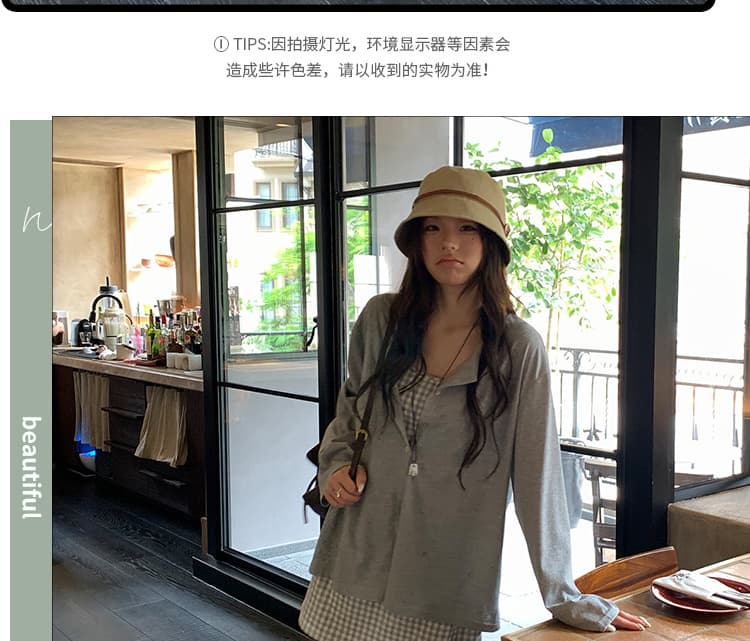 신제품 지금 여름 새로운 얇은 스타일 느긋한 거친 가장자리 오픈 가디건 외부 가져 가라. 블라우스 체크무늬 슬립 드레스 투피스 세트 상세 이미지 7