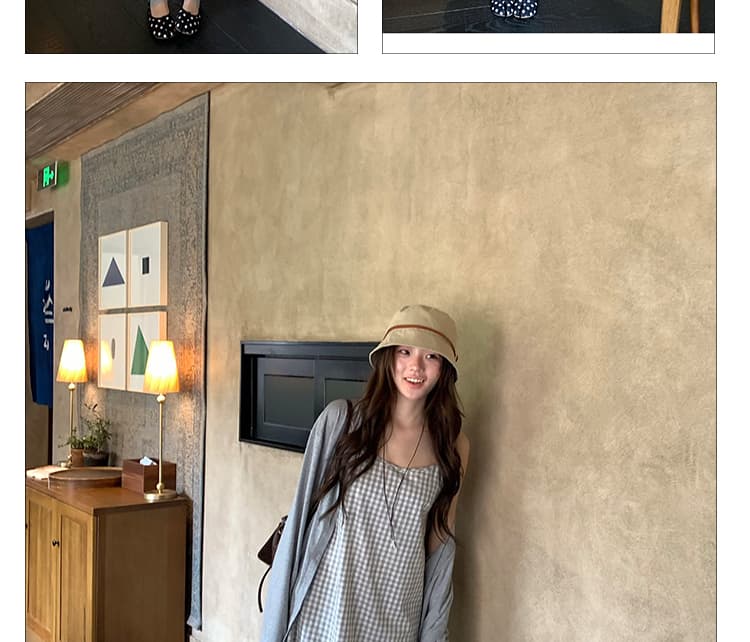 신제품 지금 여름 새로운 얇은 스타일 느긋한 거친 가장자리 오픈 가디건 외부 가져 가라. 블라우스 체크무늬 슬립 드레스 투피스 세트 상세 이미지 10
