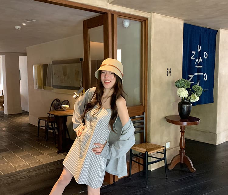 신제품 지금 여름 새로운 얇은 스타일 느긋한 거친 가장자리 오픈 가디건 외부 가져 가라. 블라우스 체크무늬 슬립 드레스 투피스 세트 상세 이미지 17