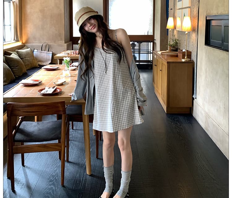 신제품 지금 여름 새로운 얇은 스타일 느긋한 거친 가장자리 오픈 가디건 외부 가져 가라. 블라우스 체크무늬 슬립 드레스 투피스 세트 상세 이미지 19