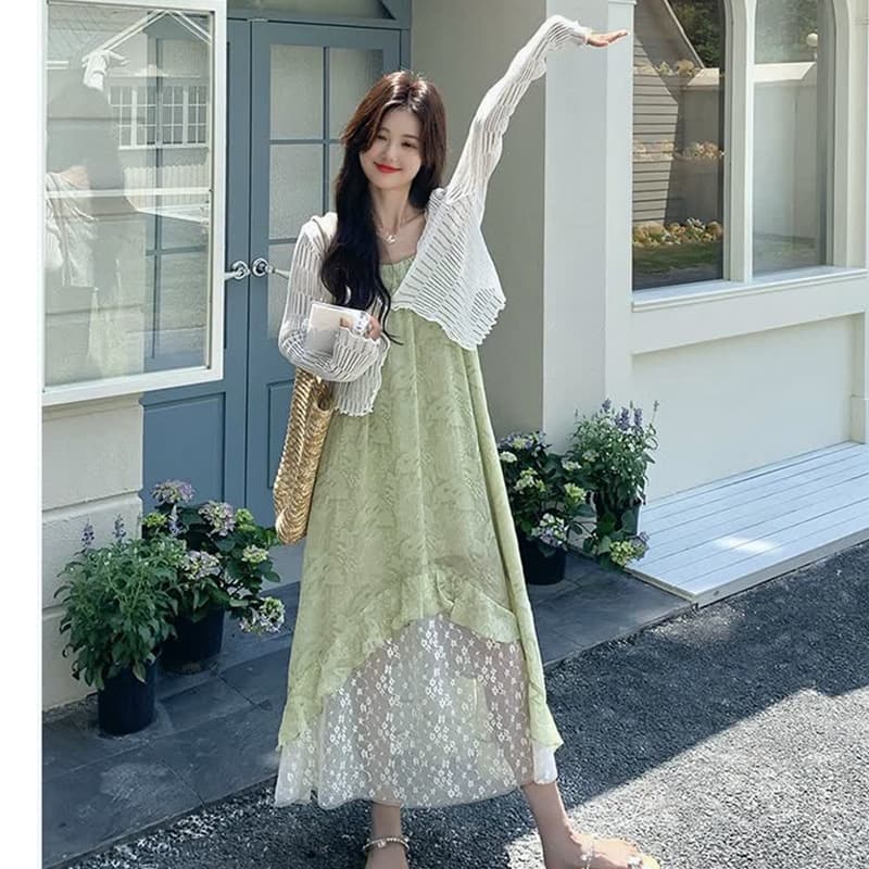 신제품 지금 여름 새로운 임신 기간 패션 자외선 차단 오픈 가디건 녹색 트렌디 엄마 슬립 드레스 두 조각 여성 세트 이미지 2