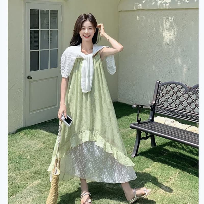 신제품 지금 여름 새로운 임신 기간 패션 자외선 차단 오픈 가디건 녹색 트렌디 엄마 슬립 드레스 두 조각 여성 세트 이미지 4