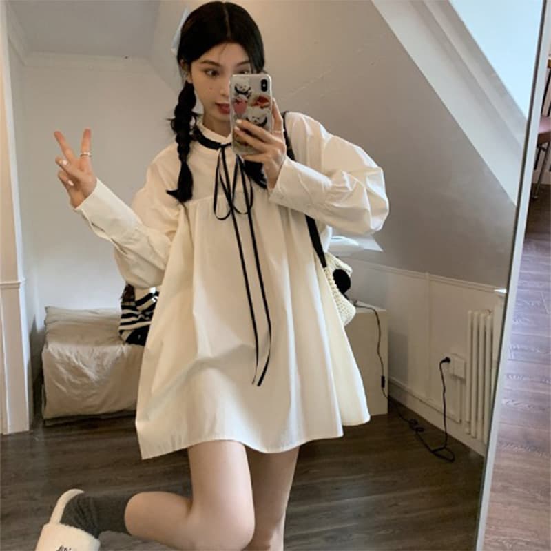 신제품 지금 여름 새로운 트렌디 엄마 가을 의상 프랑스식 chic 고급 센스 루즈핏 긴팔 거품 소매 패션 미니 스커트 이미지 4