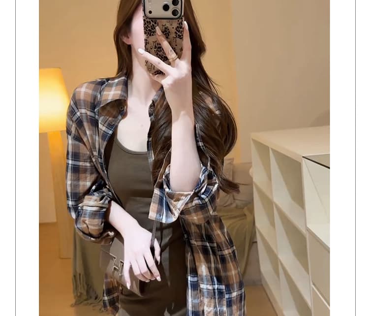 신제품 지금 새로운 레트로 격자 무늬 셔츠 느긋한 느슨함 센스 브라운 조끼 원피스 스택 착용 투피스 세트 상세 이미지 11