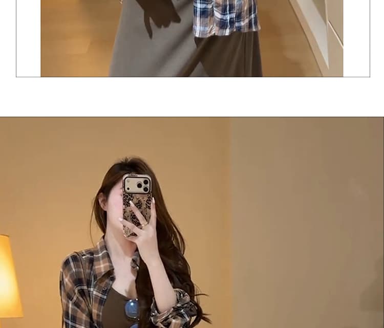 신제품 지금 새로운 레트로 격자 무늬 셔츠 느긋한 느슨함 센스 브라운 조끼 원피스 스택 착용 투피스 세트 상세 이미지 12