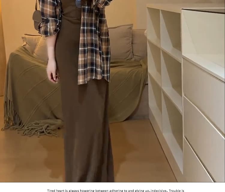 신제품 지금 새로운 레트로 격자 무늬 셔츠 느긋한 느슨함 센스 브라운 조끼 원피스 스택 착용 투피스 세트 상세 이미지 13