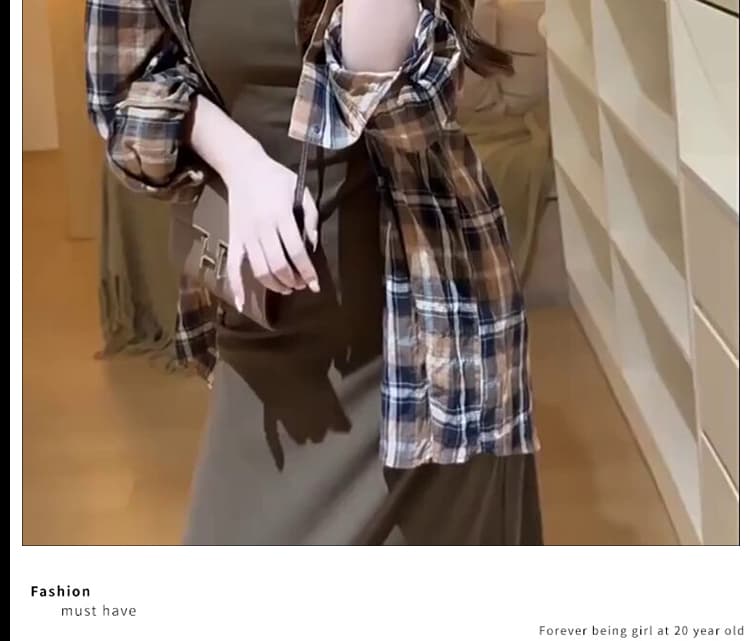 신제품 지금 새로운 레트로 격자 무늬 셔츠 느긋한 느슨함 센스 브라운 조끼 원피스 스택 착용 투피스 세트 상세 이미지 20