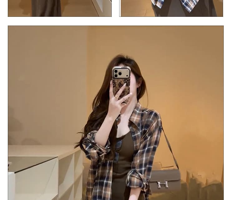 신제품 지금 봄 가을 새로운 느긋한 바람 격자 무늬 셔츠 슬립 치마 세트 품격 슬림해 보이는 드레스 투피스 세트 상세 이미지 9