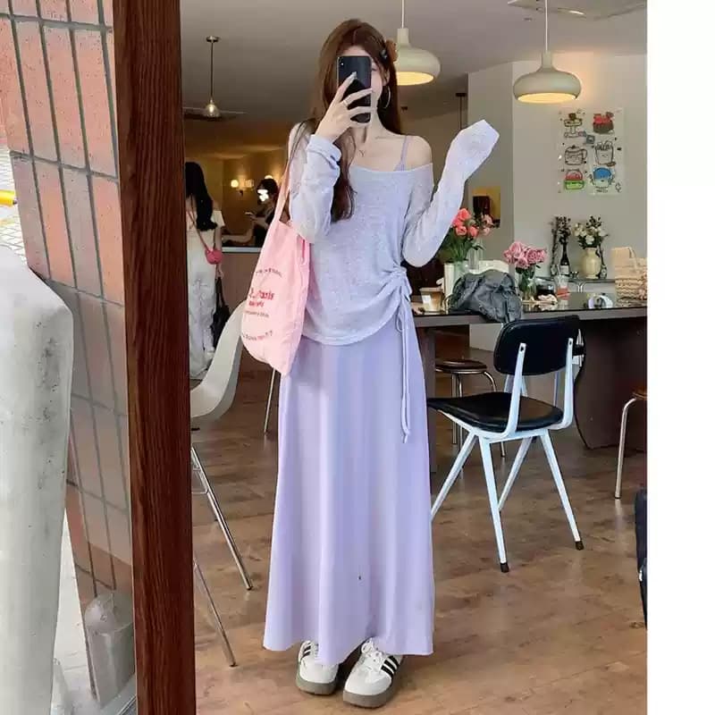 신제품 지금 봄 가을 새로운 한국 스타일 패션 슬립 드레스 자외선 차단 블라우스 품격 슬림해 보이는 세트 이미지 5