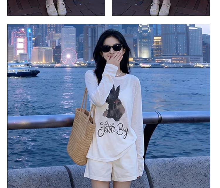 신제품 지금 봄 가을 프랑스식 패션 프린트 자외선 차단 티셔츠 블라우스 넓은 다리가 짧다. 바지 캐주얼 투피스 세트 상세 이미지 9