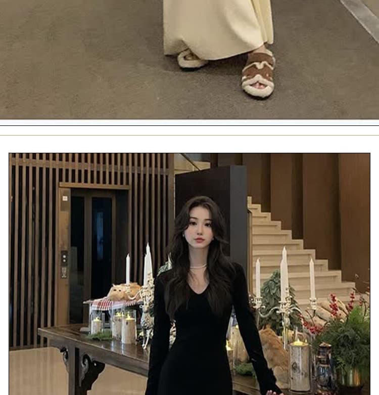 신제품 지금 봄 가을 새로운 검정색 고급 센스 프랑스식 V넥 니트 만나는 스웨터 드레스 롱 코트 여성 상세 이미지 18