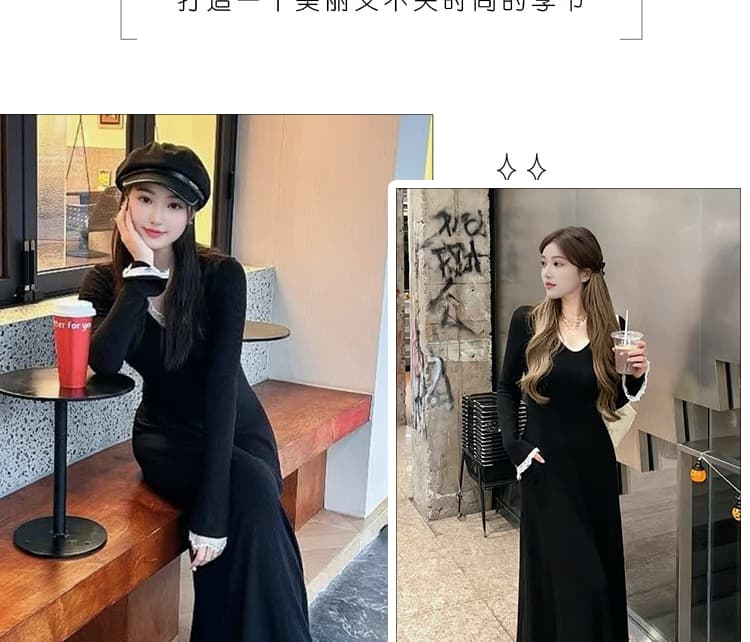 신제품 지금 새로운 가을 겨울 몸매 가꾸기 롱 스커트 디자인 센스 니트 레이스 조각 인사이드 가져 가라. 긴팔 여성 드레스 상세 이미지 3