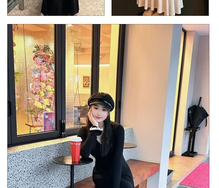 신제품 지금 새로운 가을 겨울 몸매 가꾸기 롱 스커트 디자인 센스 니트 레이스 조각 인사이드 가져 가라. 긴팔 여성 드레스 상세 이미지 9
