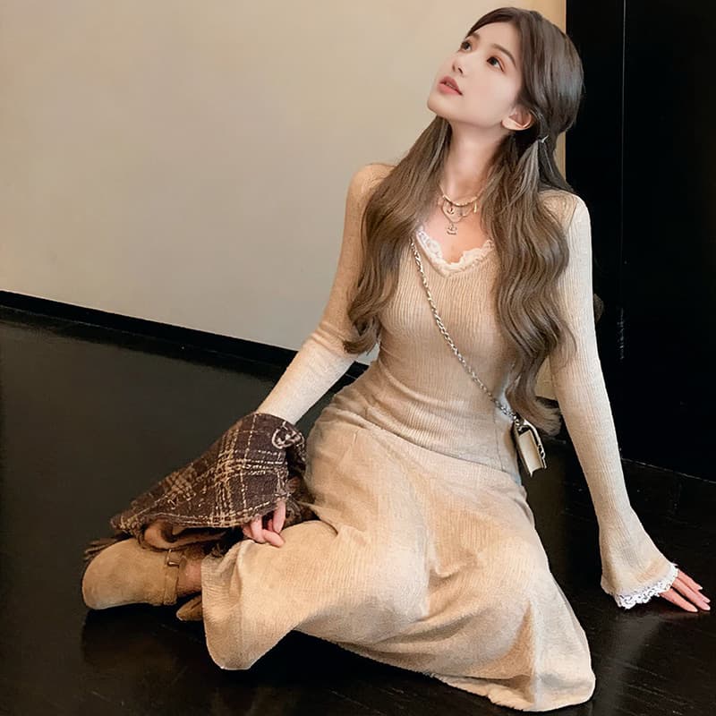신제품 지금 새로운 경기 코트 인사이드 가져 가라. 롱 스커트 레이스 조각 니트 만나는 임신 엄마 드레스 이미지 3
