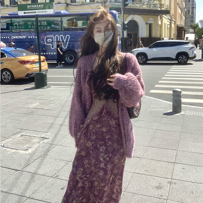 신제품 지금 새로운 봄 가을 트렌드 품격 보라색 오픈 가디건 스웨터 보라색 벨트 레이스 조끼 스커트 이미지 3