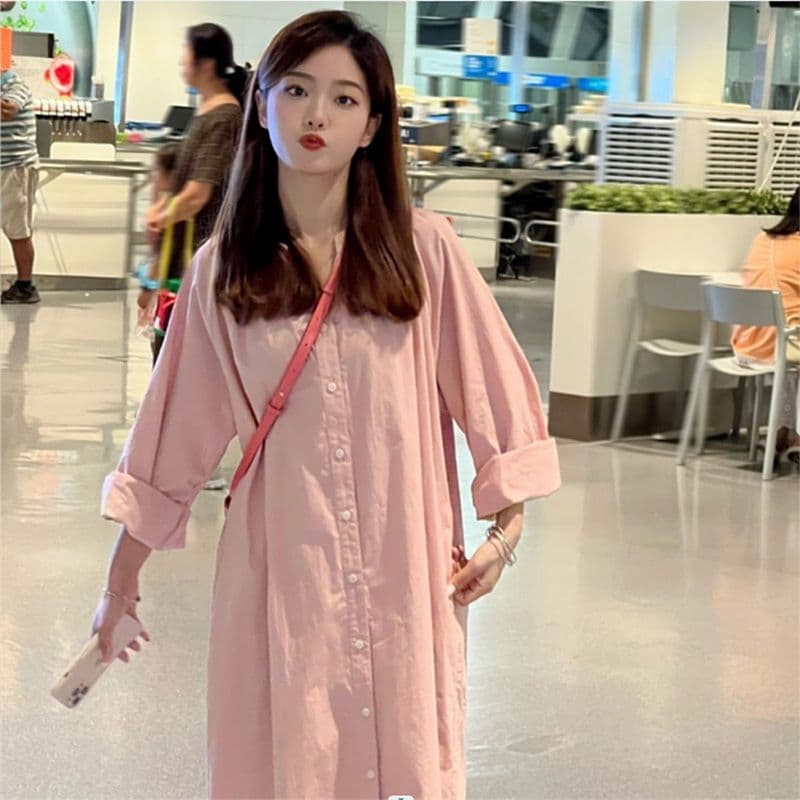 신제품 지금 새로운 패션 핑크색 루즈핏 빅 사이즈 임신 엄마 착용 가져 가라. 셔츠 순면 긴팔 드레스 이미지 5