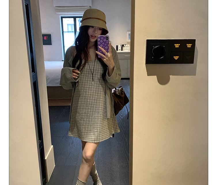 신제품 지금 여름 새로운 얇은 스타일 느긋한 거친 가장자리 오픈 가디건 외부 가져 가라. 블라우스 체크무늬 슬립 드레스 투피스 세트 상세 이미지 12