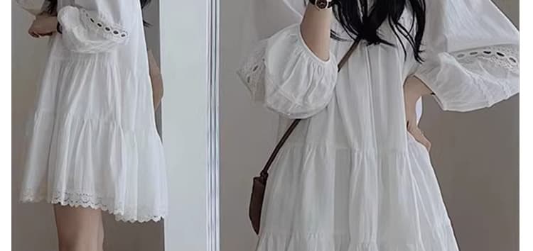 신제품 지금 프랑스식 봄 가을 새로운 V넥 레이스 홀로우 아웃 디자인 센스 인기 거품 소매 루즈핏 드레스 상세 이미지 23