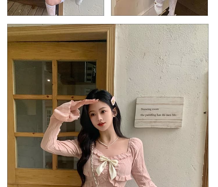 신제품 지금 한국 스타일 부드러운 달콤한 스타일 프릴 핑크색 나비 슬림해 보이는 품격 착용 가져 가라. 드레스 상세 이미지 9