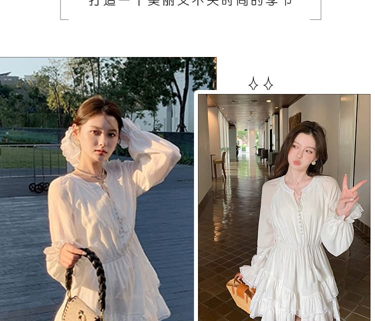 신제품 지금 프랑스식 고유 한 아름다운 달콤함 슈퍼 요정 v 칼라 레이스업 나팔 소매 화이트 드레스 상세 이미지 3
