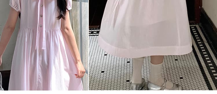 2026 년 여름 새로운 달콤함 작은 청신 전후 둘 착용 스트라이프 분말 색상 시스템 벨트 드레스 상세 이미지 4