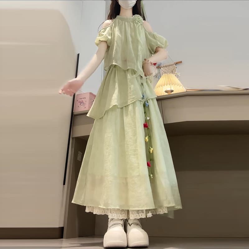 달콤함 귀여운 오프숄더 소매 드레스 여자 학생 한 부서 연령 감소 불규칙 중간 길이 드레스 상세 이미지 2