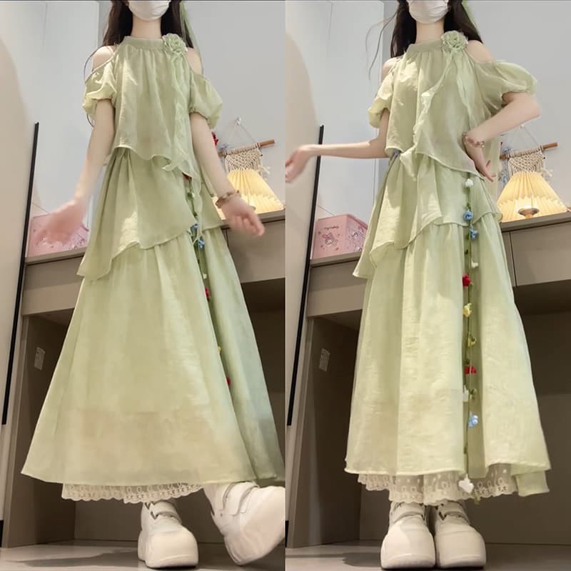 달콤함 귀여운 오프숄더 소매 드레스 여자 학생 한 부서 연령 감소 불규칙 중간 길이 드레스 상세 이미지 4