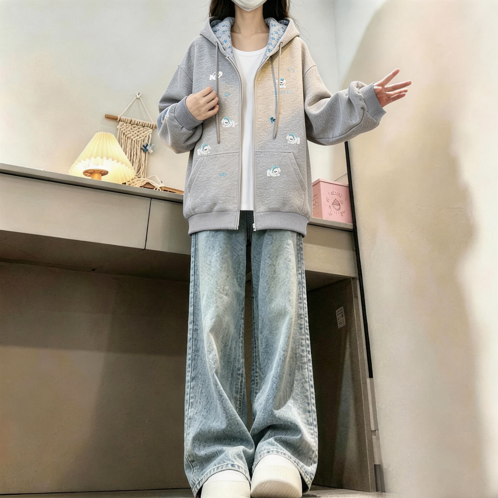 2026 년 가을 겨울철 새로운 학원 스타일 오픈 가디건 지퍼 루즈핏 프린트 후드 다용도 후드티