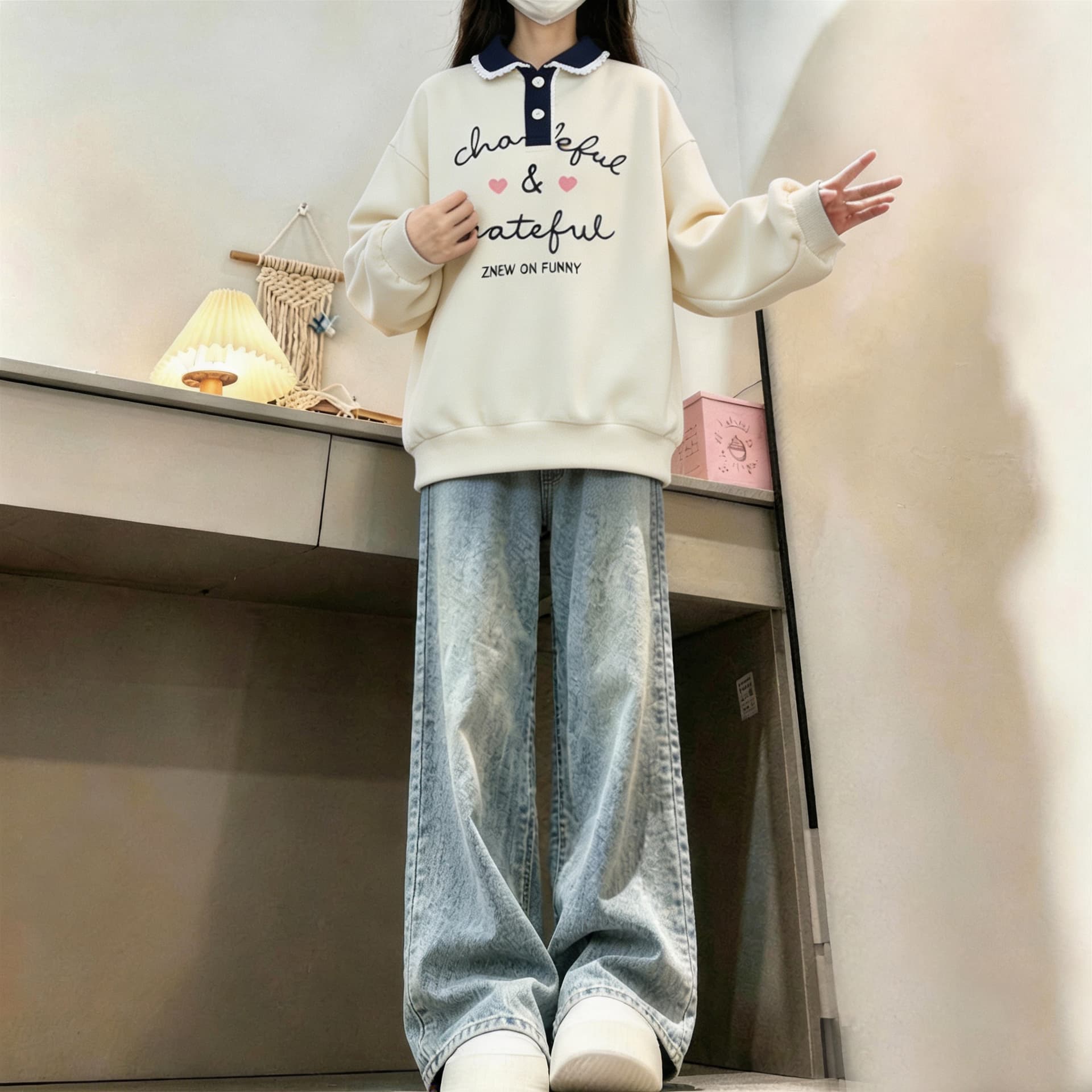 2026 년 가을 겨울철 새로운 학원 스타일 풀오버 프린트 레이스 칼라 루즈핏 다용도 후드티 이미지 3