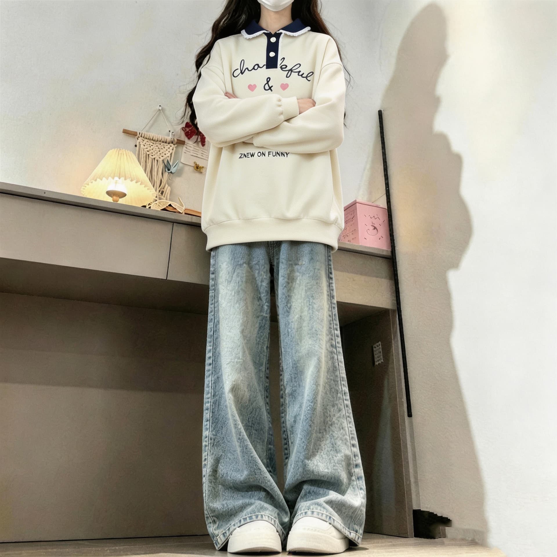 2026 년 가을 겨울철 새로운 학원 스타일 풀오버 프린트 레이스 칼라 루즈핏 다용도 후드티 상세 이미지 2