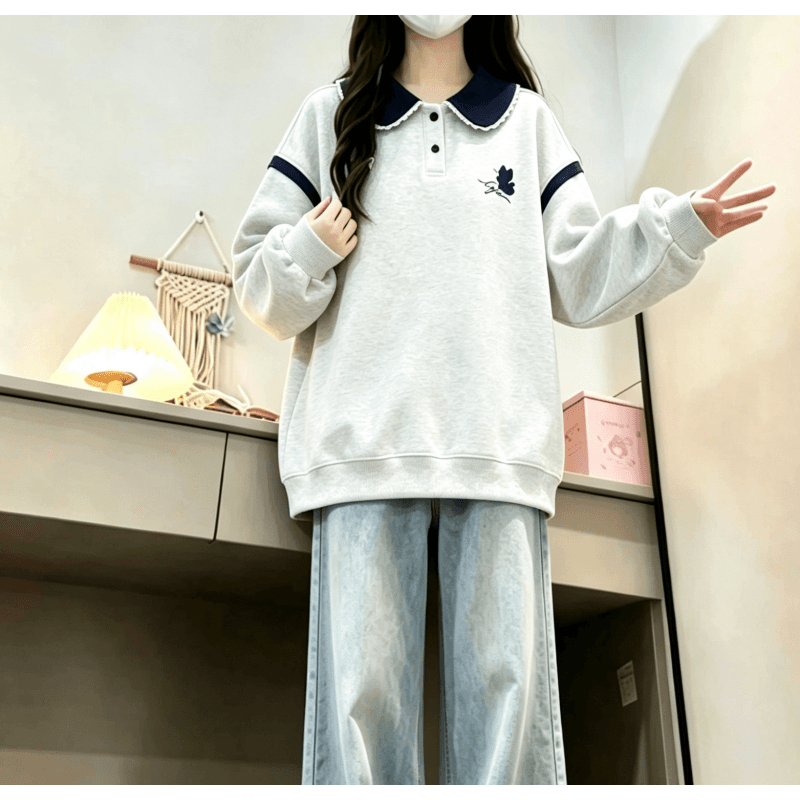 2026 년 가을 겨울철 새로운 학원 스타일 풀오버 자수 고양이 루즈핏 다용도 후드티