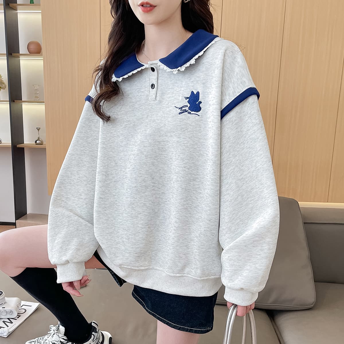 2026 년 가을 겨울철 새로운 학원 스타일 풀오버 자수 고양이 루즈핏 다용도 후드티 이미지 2