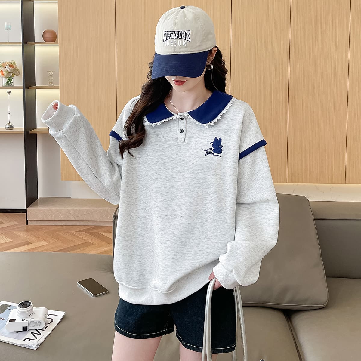 2026 년 가을 겨울철 새로운 학원 스타일 풀오버 자수 고양이 루즈핏 다용도 후드티 이미지 3